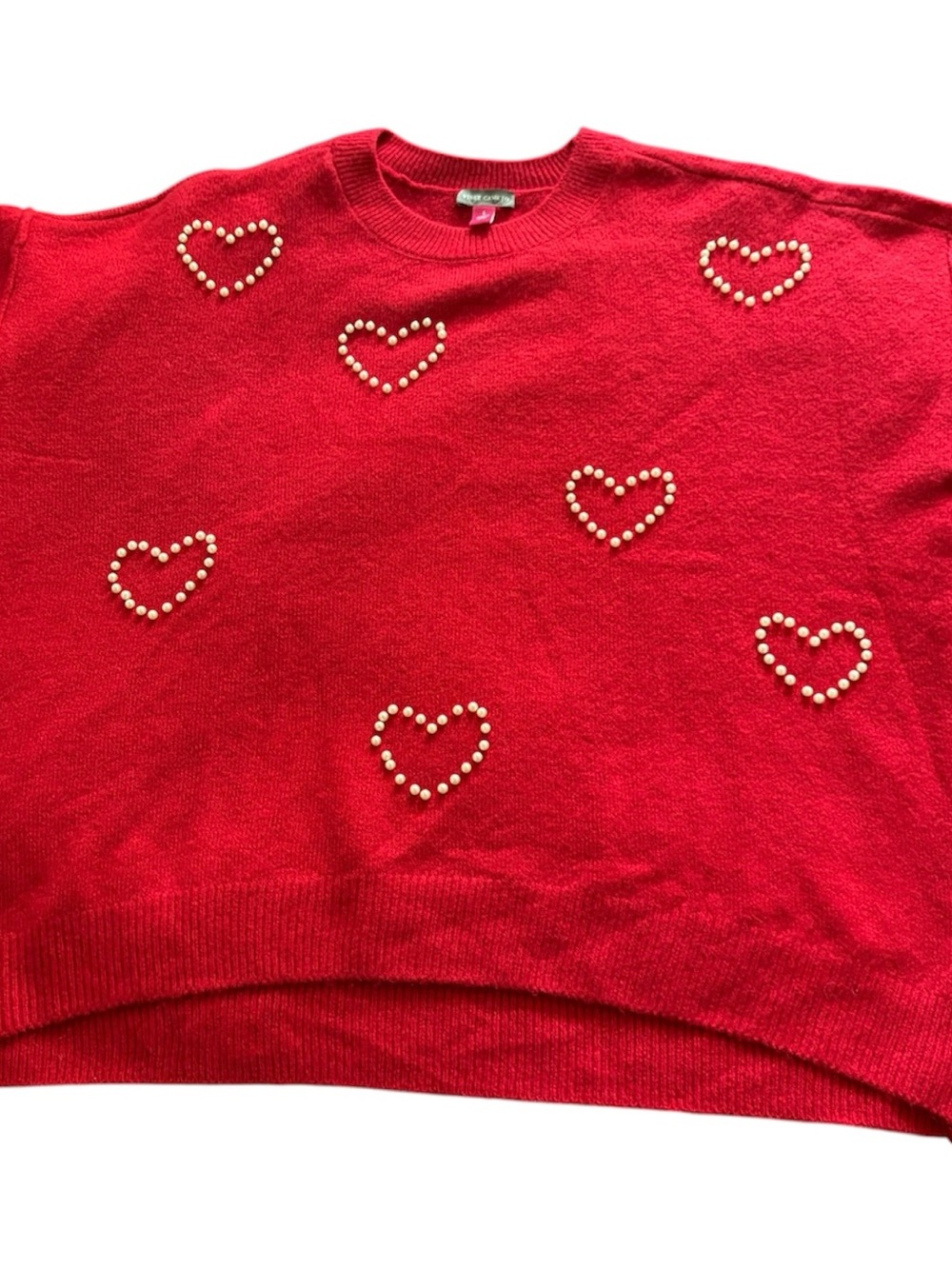 Vince Camuto Red Crewneck Sweater with Pearl Heart Accents